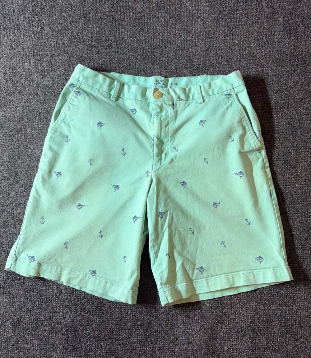 IZOD Saltwater Stretch Men's Green Marlin and Anchor Print Chino Shorts Size 32
